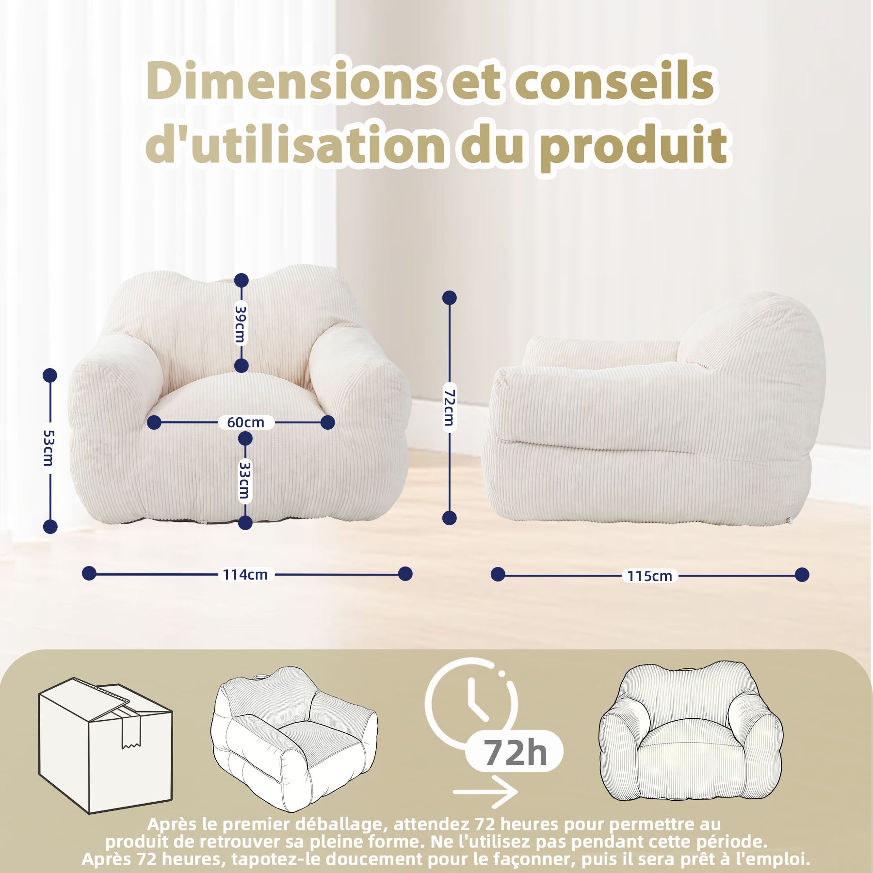 Canapé pouf carré HOMEMIYN en velours côtelé, fauteuil lounge avec dossier et accoudoirs, 118x110x86 cm, pour salon et chambre - 4