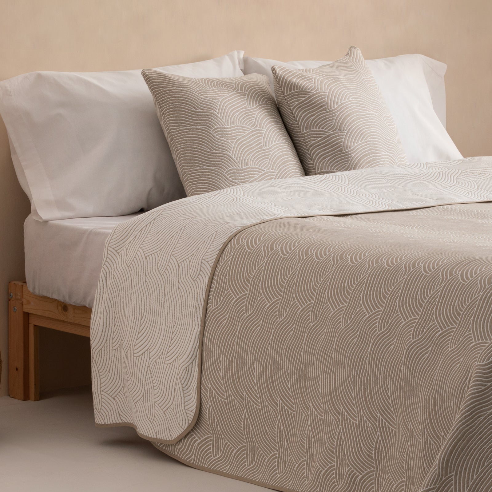 ETHERE MAISON Couvre-lit Jacquard Réversible Coton Beige 270x270 Cm Pour Lit 180 - Léger, Respirant, Mi-Saison & Été