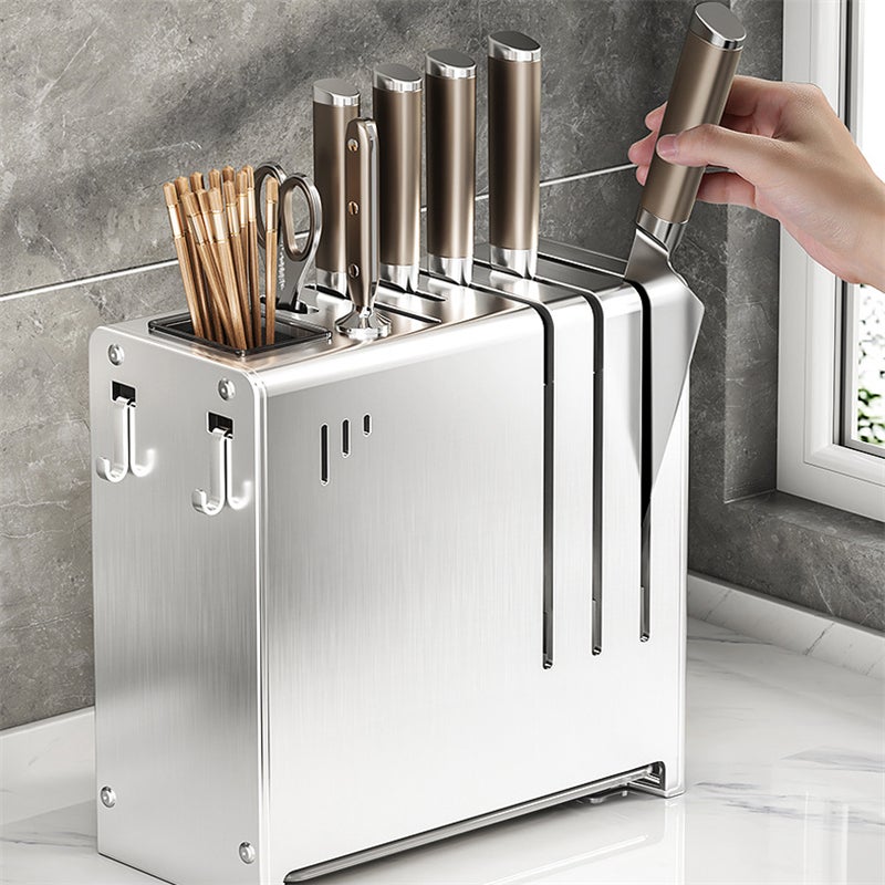 Soporte para cuchillos de cocina de acero inoxidable con cilindro para palillos – Organizador multifuncional, 22,5 x 11 x 24 cm - 7