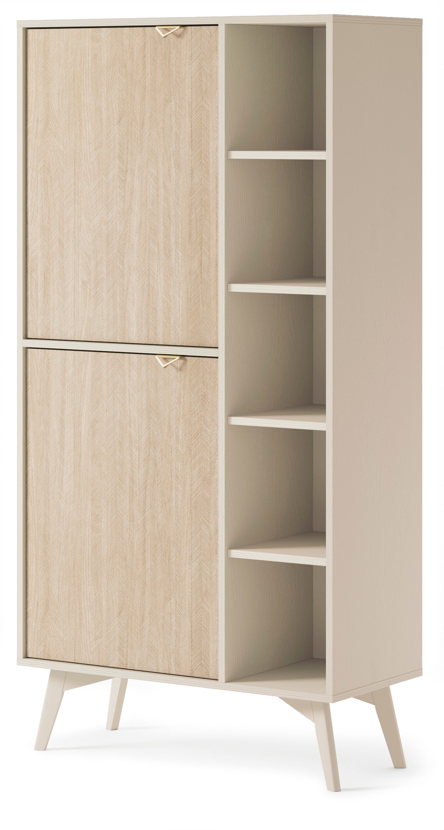 Regał FIRR 80 cm – Beż piaskowy + Jodełka Scandi, 2 drzwi, 7 półek, złote uchwyty