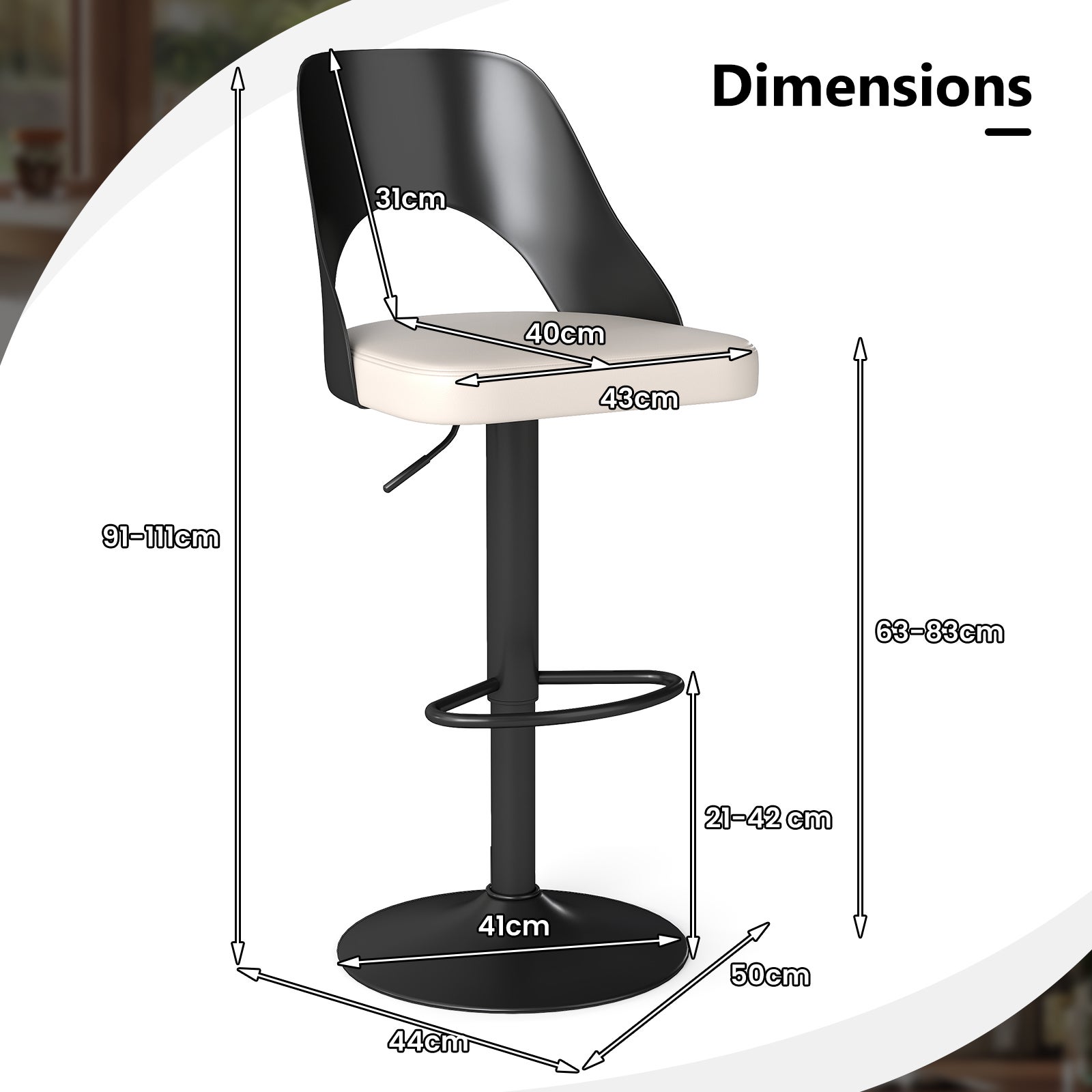 Set de 2 Taburetes Altos de Bar con Reposapiés, Sillas de Bar Giratorias 360° con Respaldo, Taburetes Ajustables en Altura, Sillas de Comedor - 2