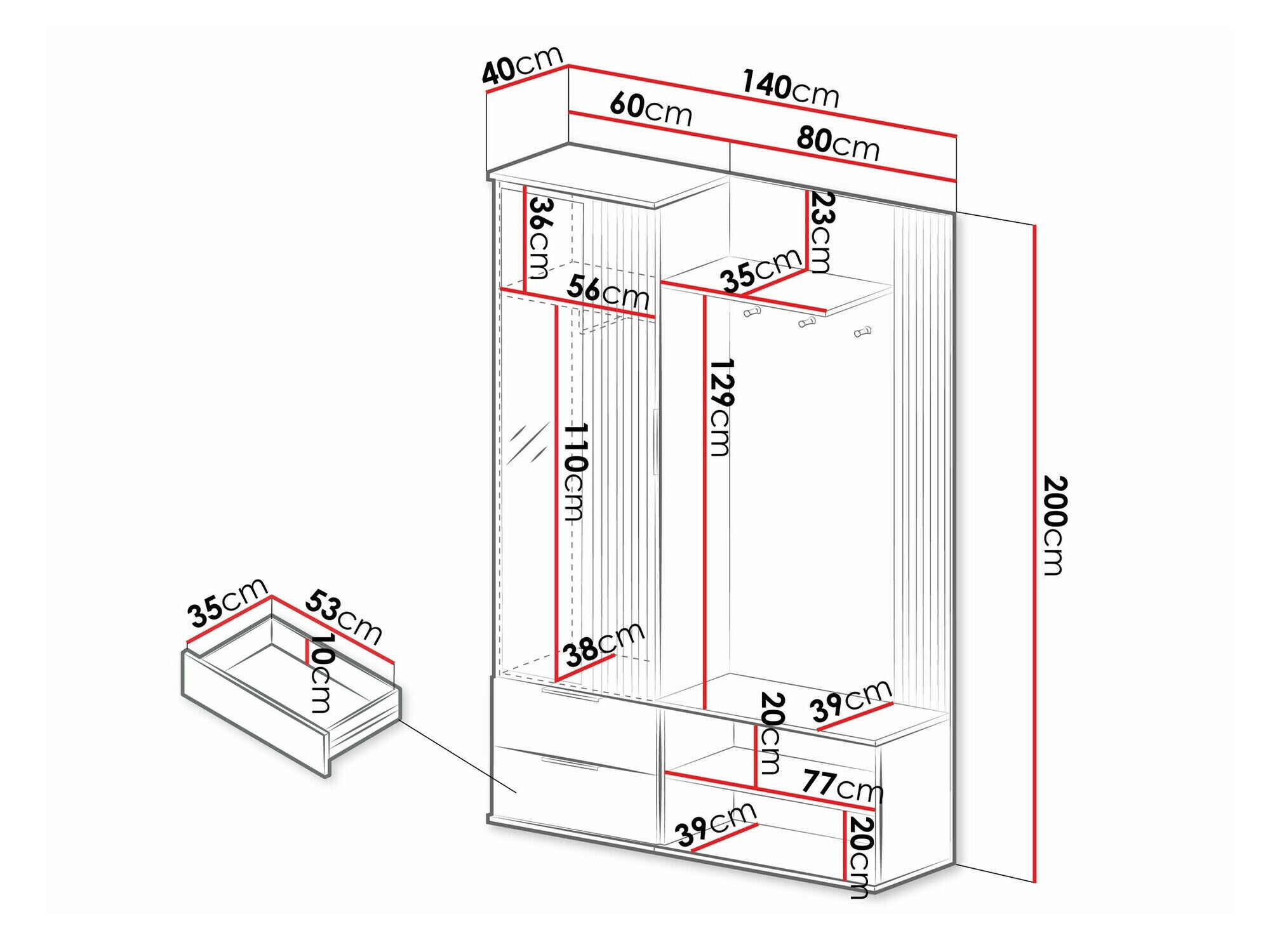 Meuble d'entrée Honolulu 238, 200x140x40cm, Disponible, Noir, Chêne wotan, Stratifié, À poser - 4