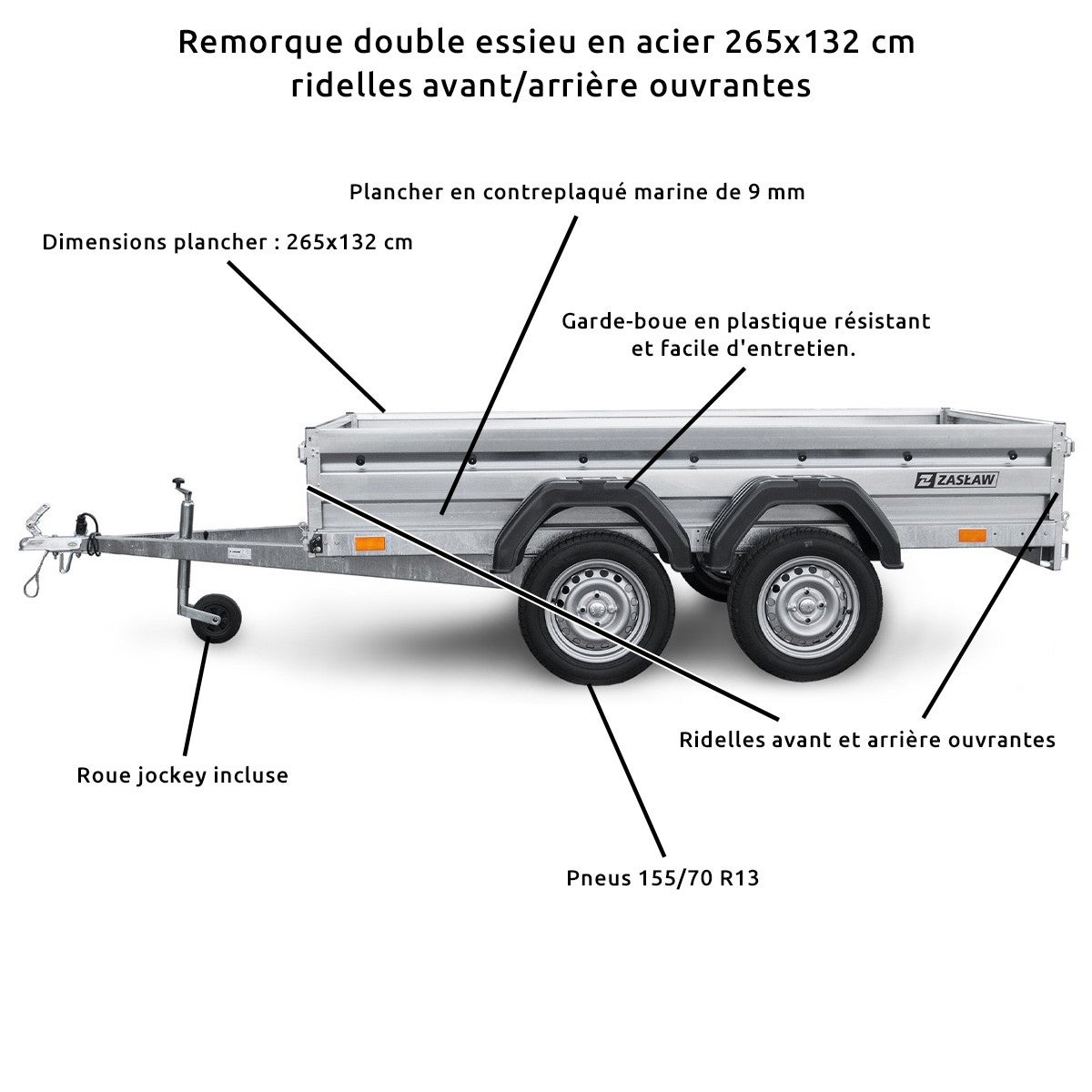 Remorque double essieu en acier 265 cm ridelles avant/arrière ouvrantes 265T - 2