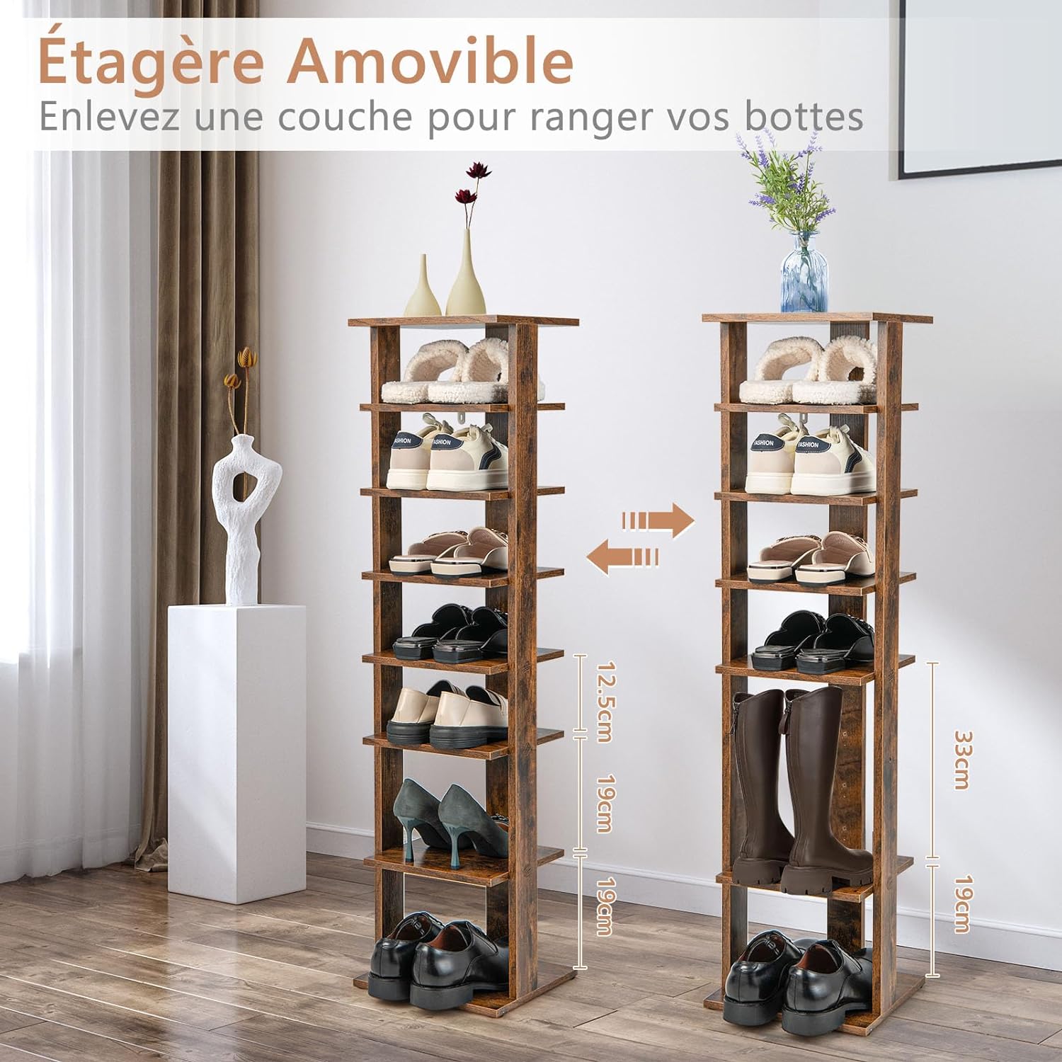 Étagère à Chaussures à 7 Niveaux, Range-Chaussures Vertical et Compact en Hauteur Différente, pour Couloir Salon Entrée 27,5 x 26,5 x 110 CM (Marron) - 5