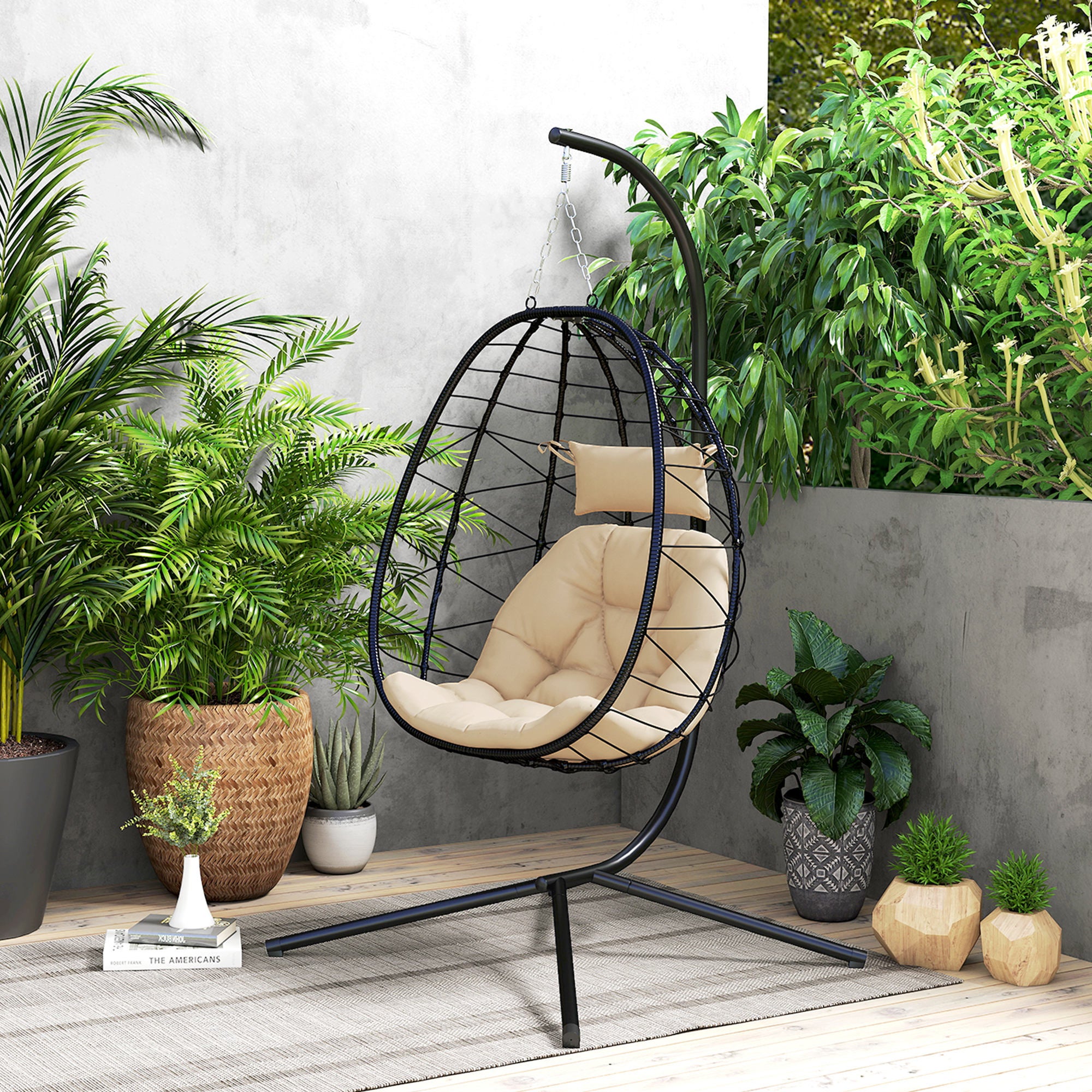 Cadeira Suspensa Outsunny Aço e Poliéster Cáqui 98x95x198 cm - 8