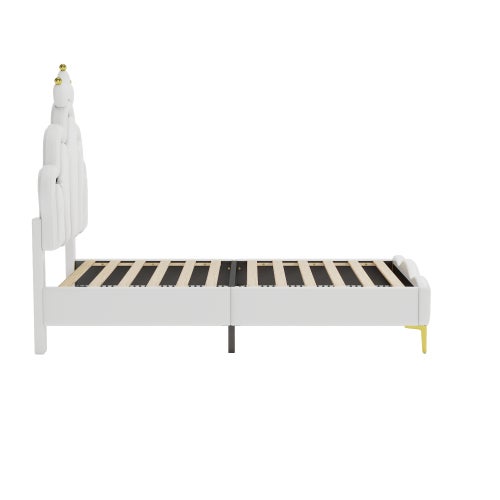 Łóżko pojedyncze 90x200 cm, łóżko księżniczki w kształcie korony, listwa świetlna LED ambient, PU, ​​białe - 6