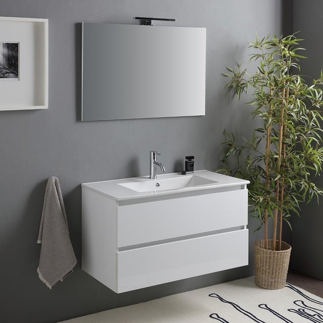 Meuble de salle de bains suspendu 90cm 2 tiroirs blanc brillant, miroir avec lampe | Benaco