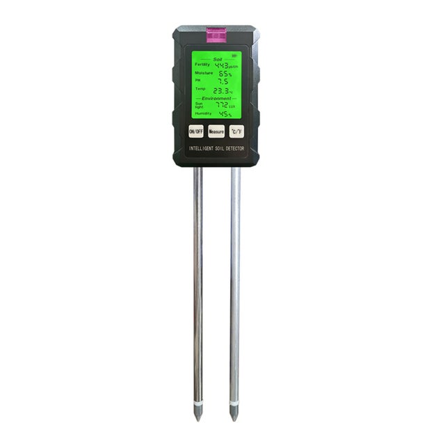 Testeur 6 en 1 : terre, pH, fertilité, thermomètre, hygromètre, luxmètre avec écran LCD rétroéclairé rotatif à 90°.
