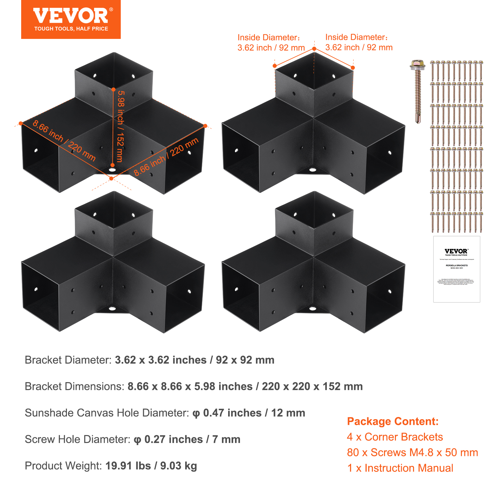 Kit Supports de Pergola VEVOR 4x4 po 10x10 cm Support de Poteau Bois de Menuiserie 4 Supports deAngle a 3 Voies Base de Poutres Quincaillerie Bricolag - 7