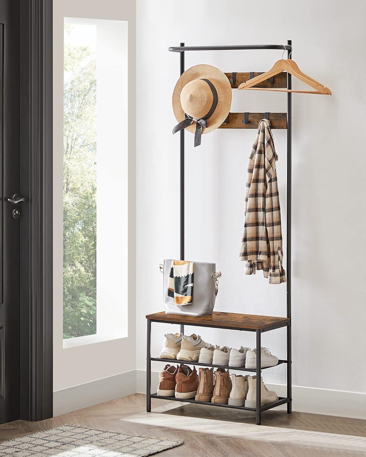Appendiabiti con Panca Scarpiera, 9 Ganci Rimovibili, Barra Appendiabiti, 32,2 x 64 x 180 cm, Marrone e Nero, Regalo Natale - 2