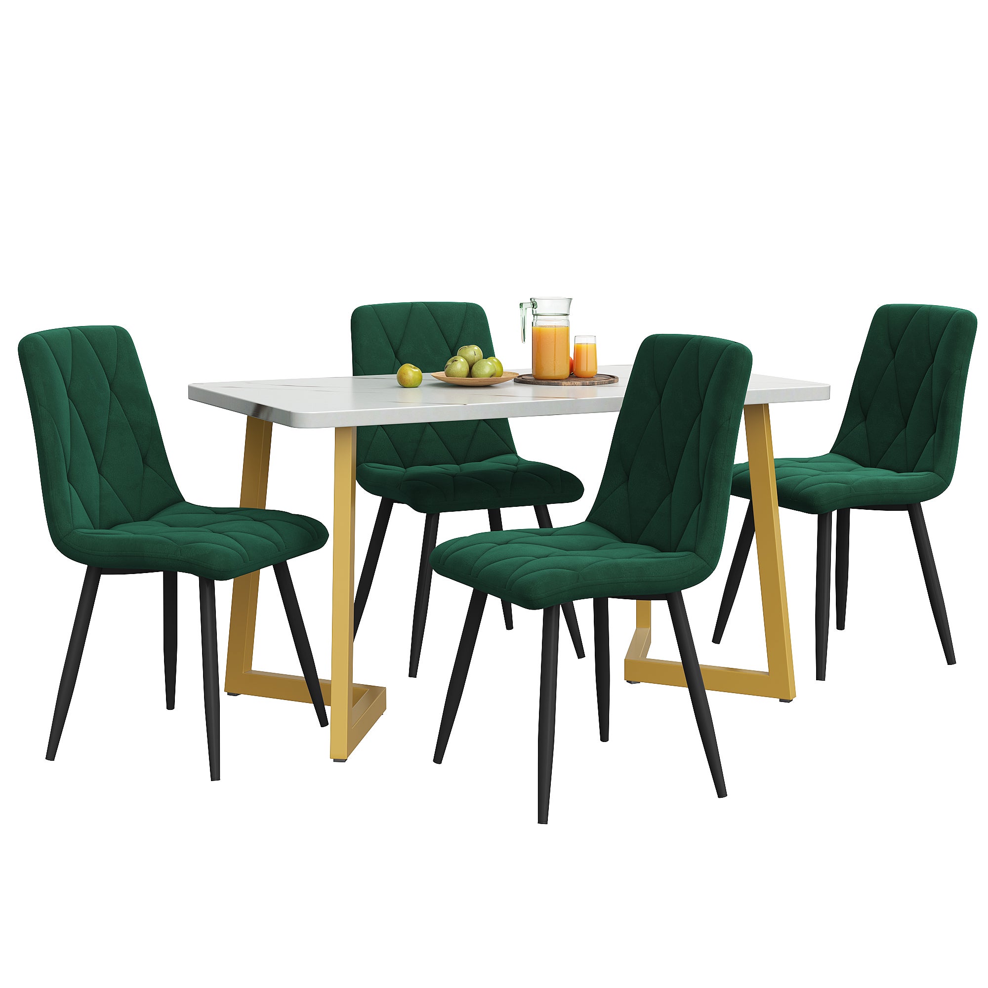 Set tavolo da pranzo + 4 sedie - velluto e gambe in metallo dorato - verde - 2