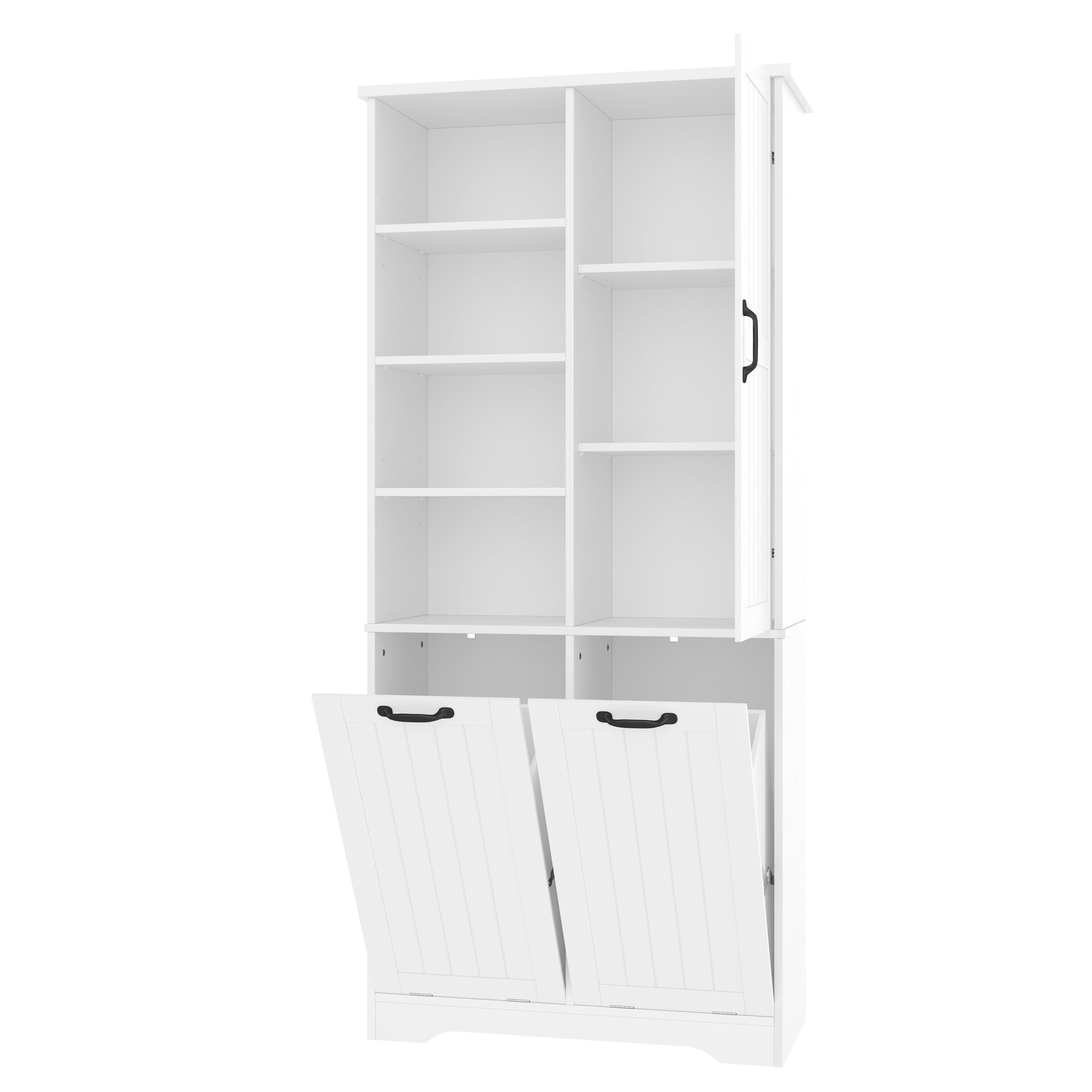 Meuble salle de bain avec 2 panier à linge, Armoire salle de bain avec 4 compartiments ouverts, Meuble colonne MDF Blanc（78x35x172cm） - 9