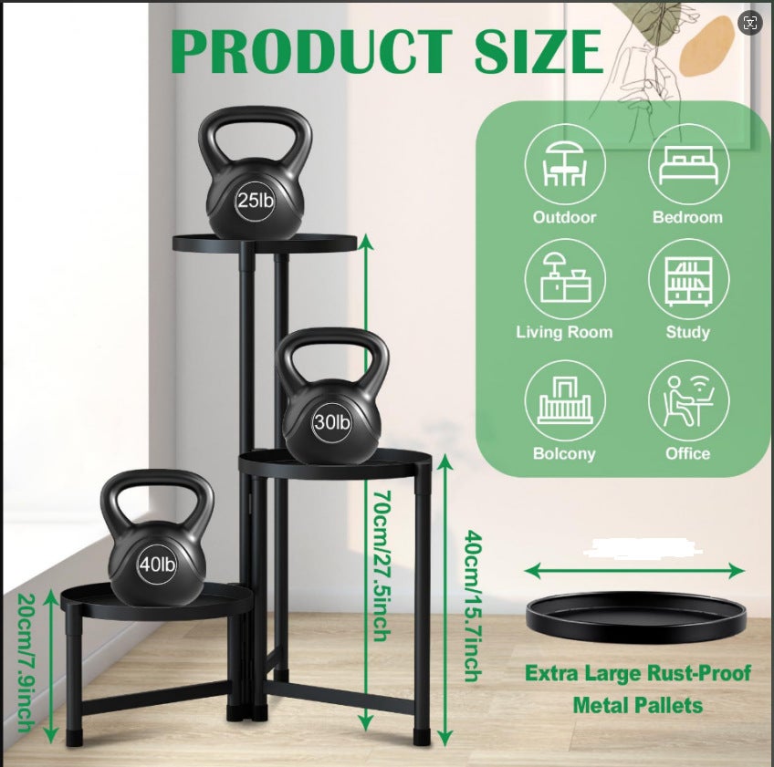 Support de plantes en métal, support de pot de fleurs à 3 niveaux pour intérieur et extérieur, support de plantes en métal pour terrasse, salon - 3