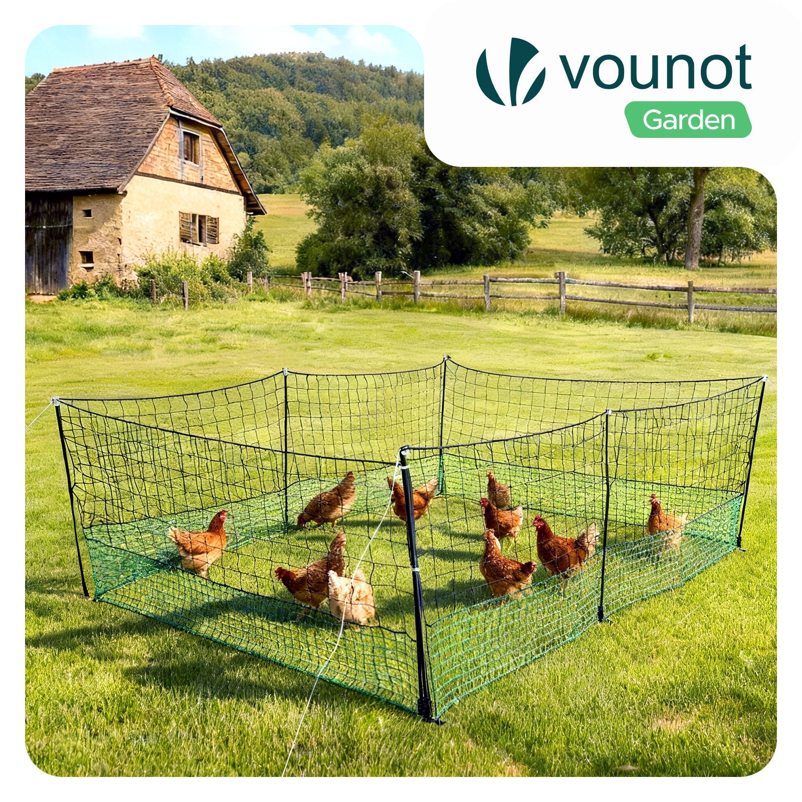 Kit filet à poules 12m avec piquets double pointes - Clôture volaille avec porte d’accès - Enclos extérieur en PE vert - VOUNOT® - 2