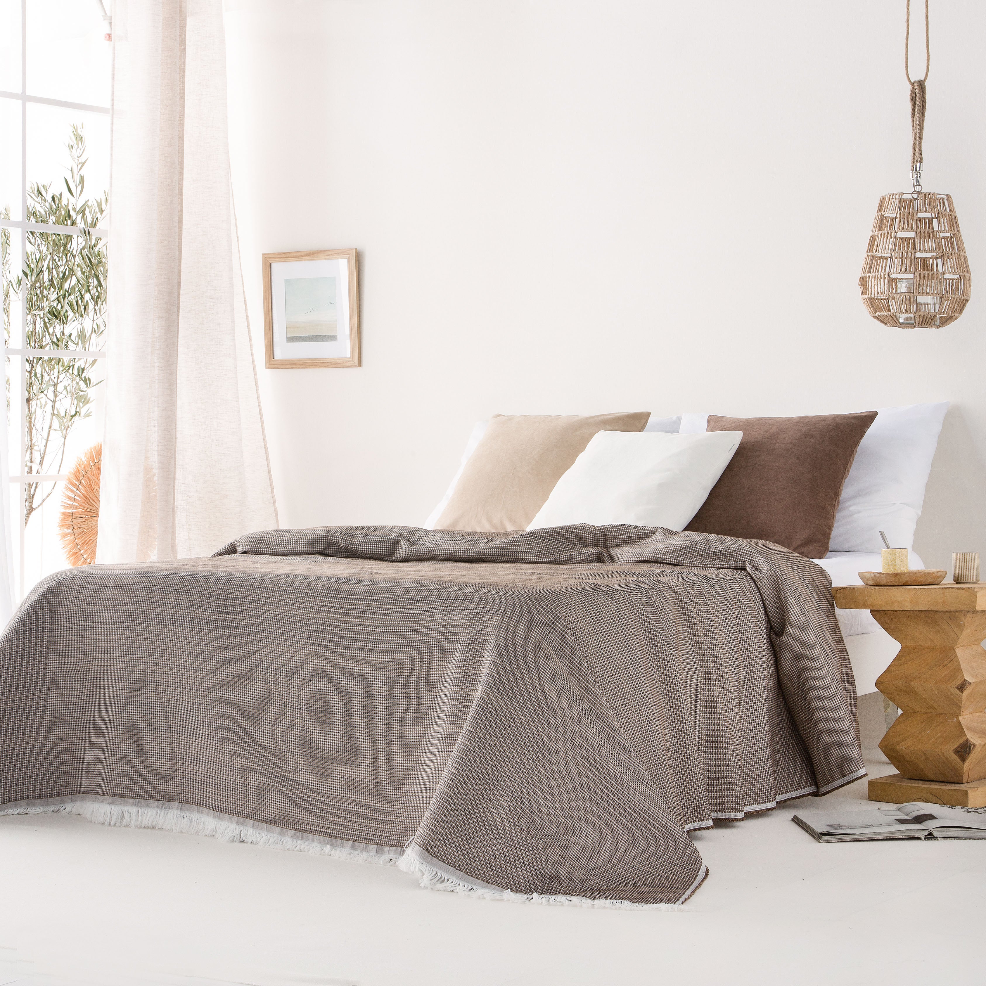 Plaid couvre-lit polyvalent, jeté de canapé Nid d'abeille coton 140x180cm coloris Taupe - 2
