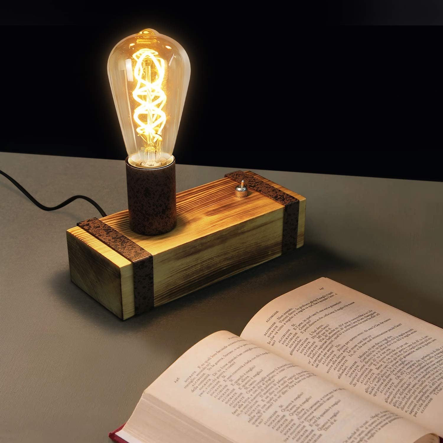 NETTLIFE Drewniana lampa stołowa w stylu vintage, lampka nocna 20 cm retro E27, model przemysłowy, zintegrowane gniazdo do sypialni/salonu