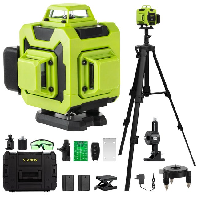STANEW Niveau laser 4 x 360°, avec 16 lignes laser vertes 4D horizontales et verticales, 2 piles 2400 mAh, télécommande