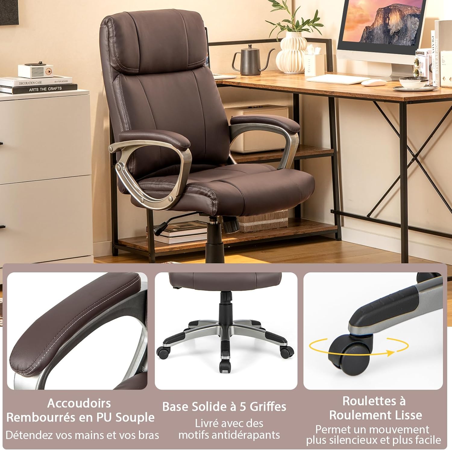 Fauteuil de bureau en tissu marron avec assise rembourrée pivotant BUR10233