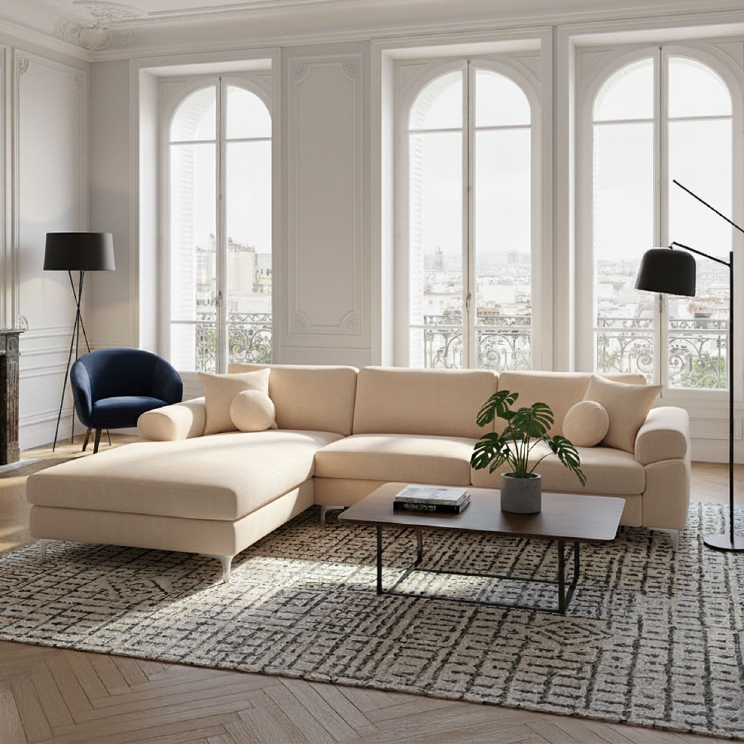 Canapé d'angle gauche 4-5 places en velours beige GALWAY - 4