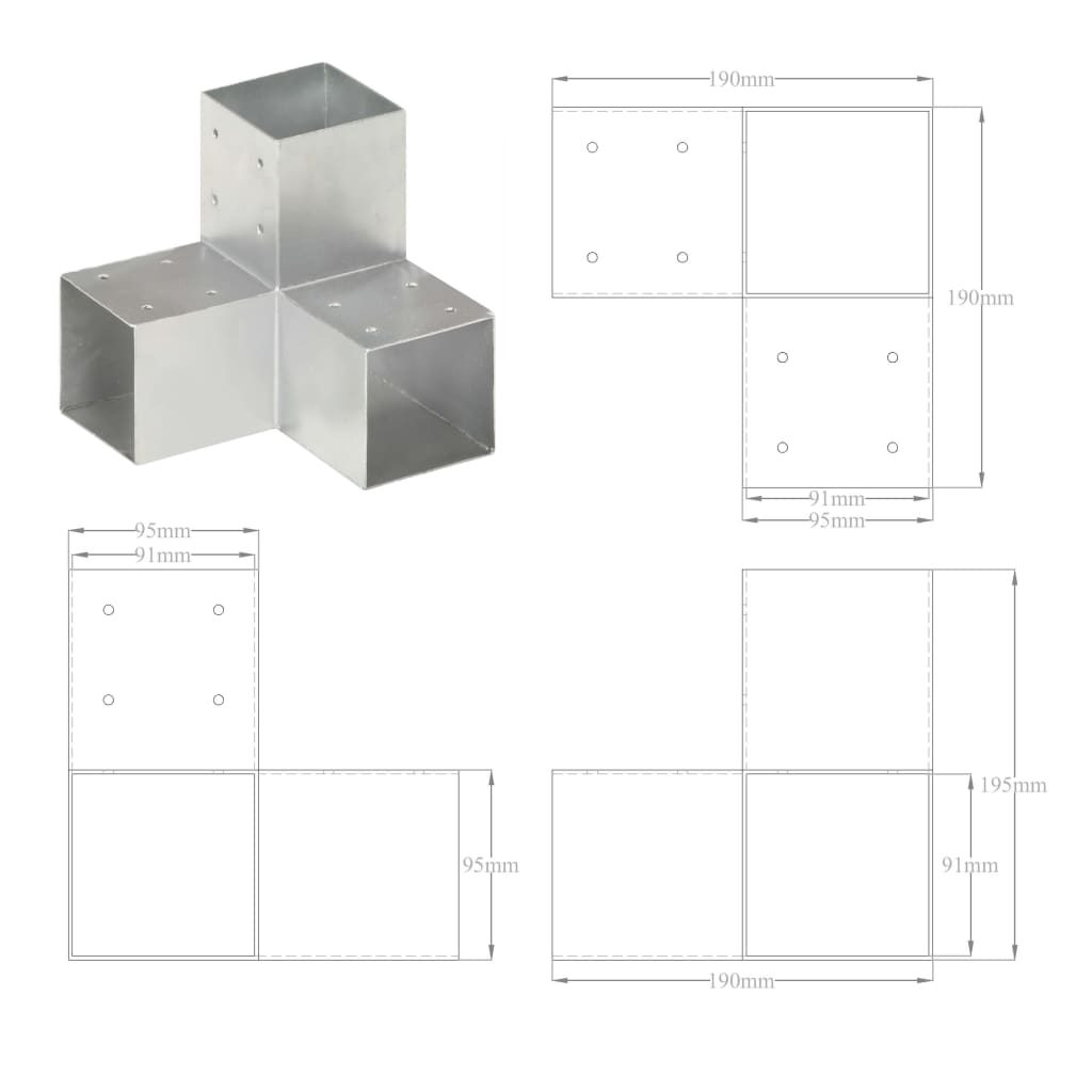 vidaXL Connecteurs de poteau 4 pcs Forme en Y Métal galvanisé 91x91 mm - 7