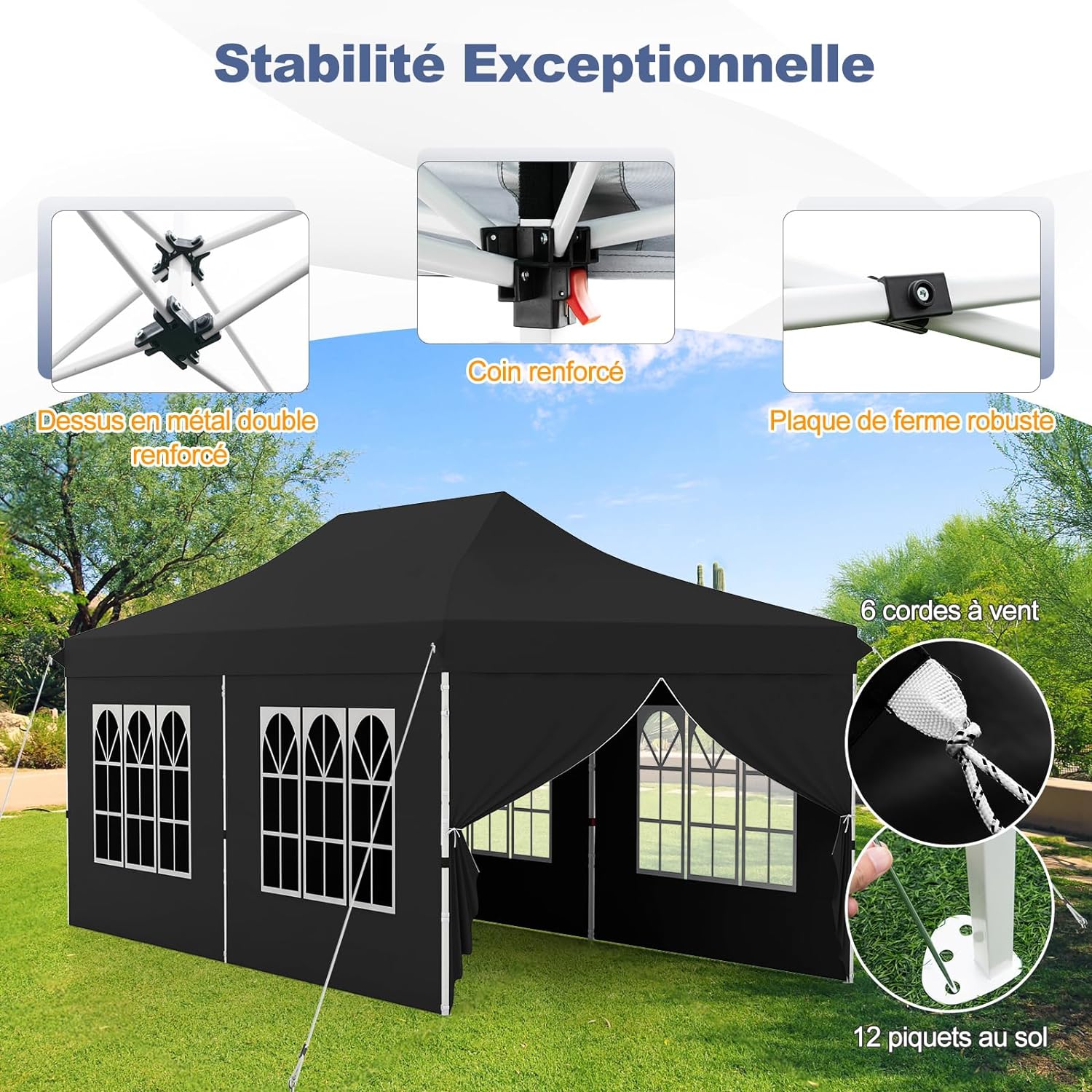 Tonnelle de Jardin 3x6M Tente de Reception avec 6 Parois Latérales Amovibles, Sac de Transport Protection Solaire pour Fête Mariage BBQ, Noir - 6