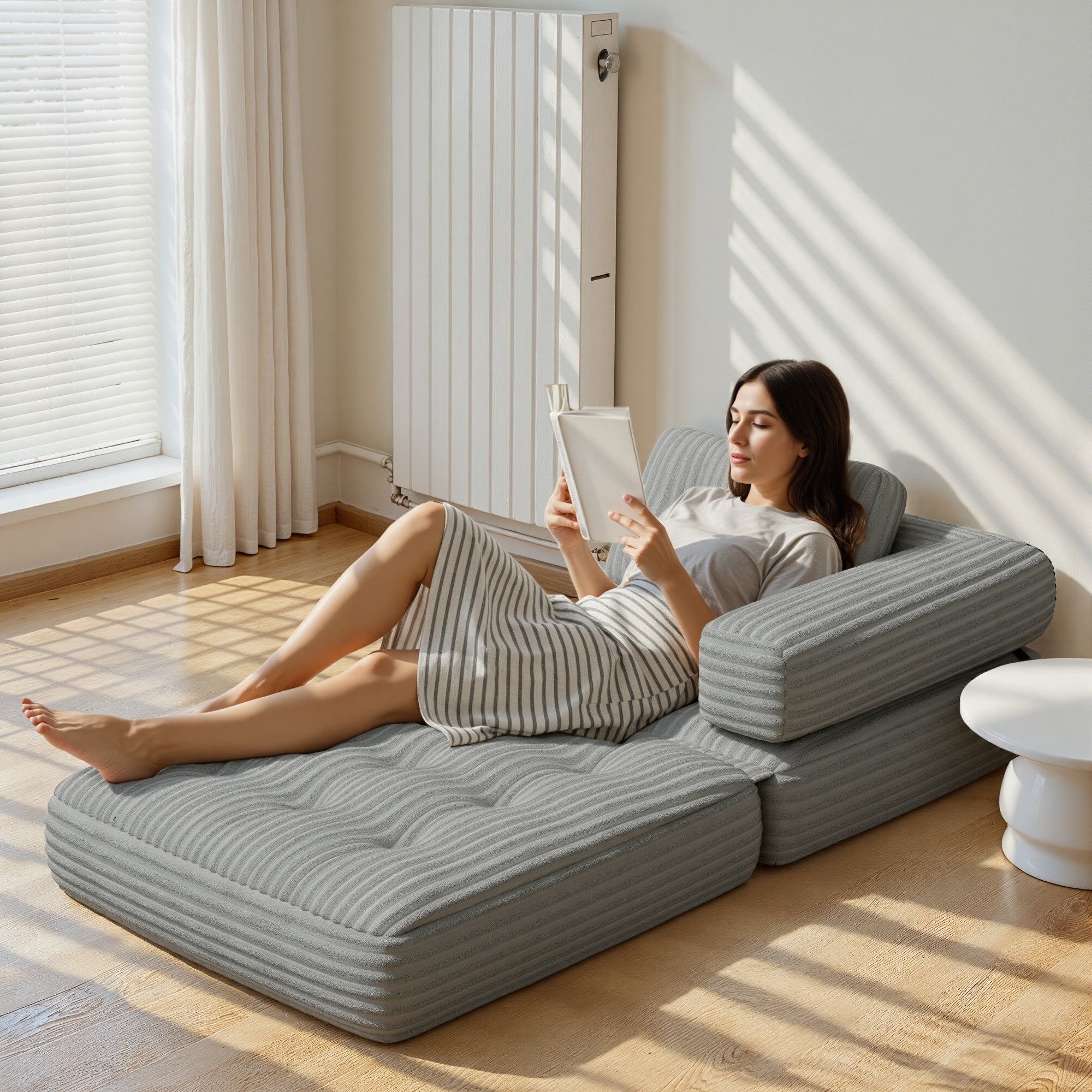 Bealife Sofá Conversível Poltrona-Cama de 1 Lugar em L Cinza Claro Veludo Cotelado Travesseiro Longo 85 x 85 cm - 2