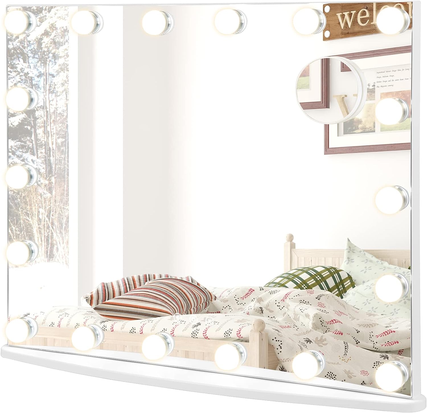 Miroir De Maquillage Hollywood 58x46cm Avec 15 LED - 3 Couleurs Lumière, USB, Loupe Amovible