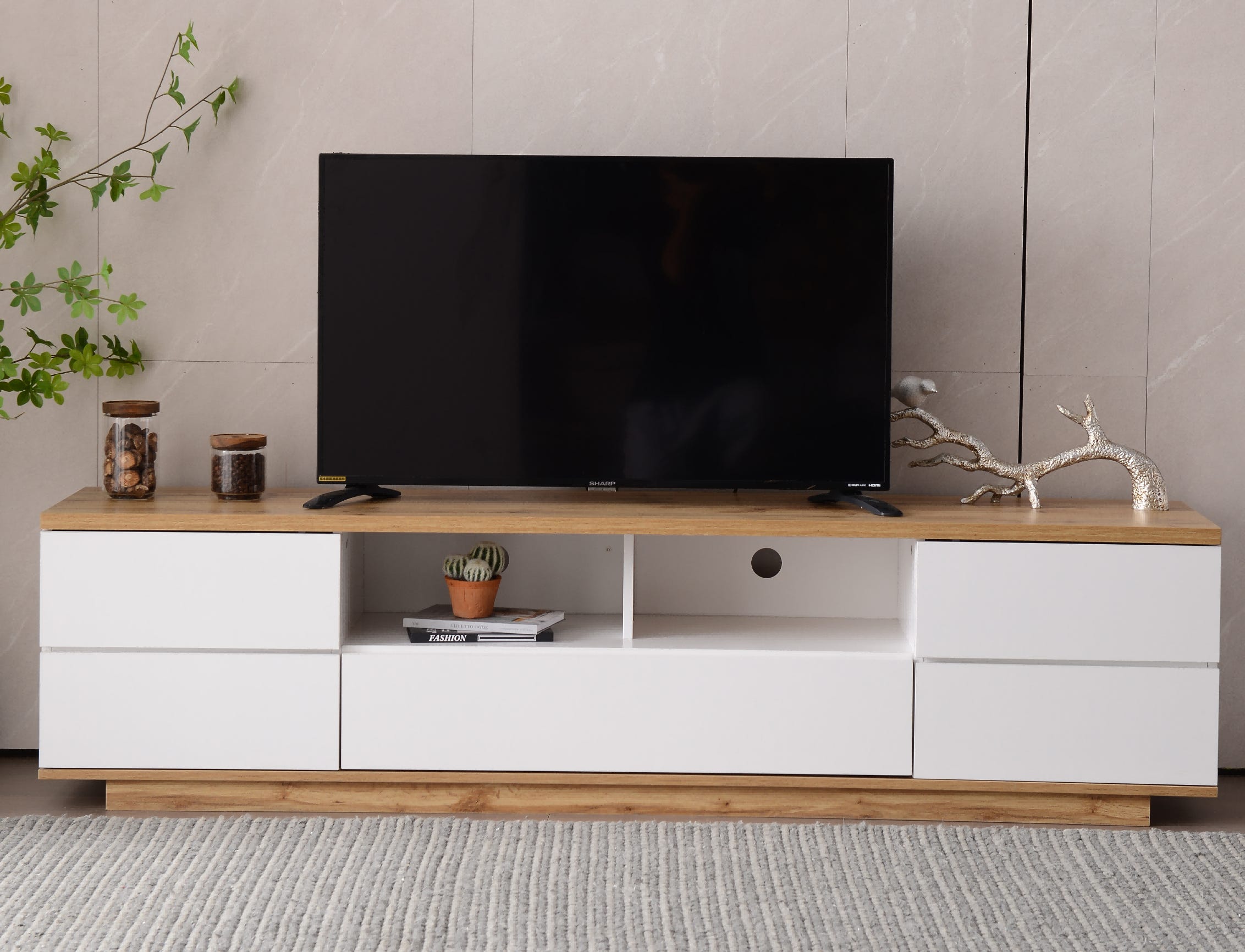 Meuble TV scandinave contemporain 180cm en bois - 5 portes + 8 ...