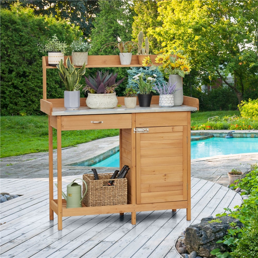 Table de Rempotage Extérieure en Bois avec Tiroir, Etagère de Rangement et Placard Inférieur, Couleur Bois Yaheetech - 2