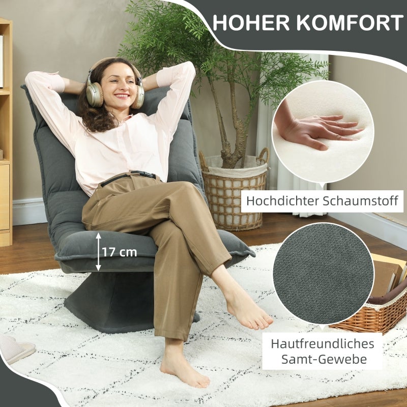 Cadeira de chão giratória 360° com encosto ajustável em 5 posições, sofá de chão dobrável, cadeira para meditação, jogos e leitura, cinza escuro - 5