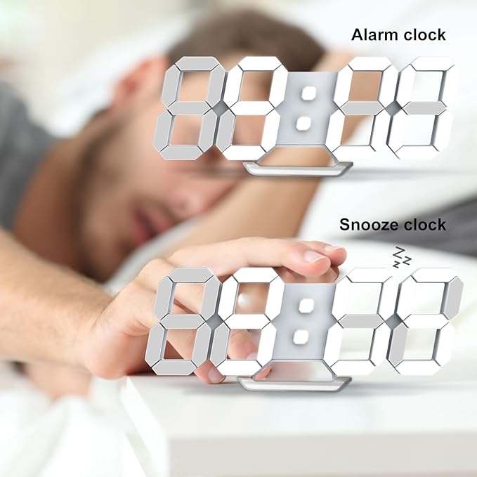 Horloge murale numérique LED 3D Petit réveil Affichage de la température 12/24 heures Mémoire de l'heure Fonction snooze Veilleuse Luminosité réglable - 3