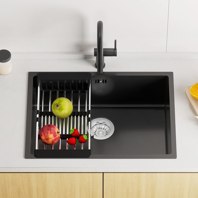 Lavello Inossidabile,Lavello Cucina Una Vasca 60*44 cm,con Troppopieno/Cestello Scarico,Lavello Cucina Resistente per Unità Base da 60 cm,Grigio-Nero