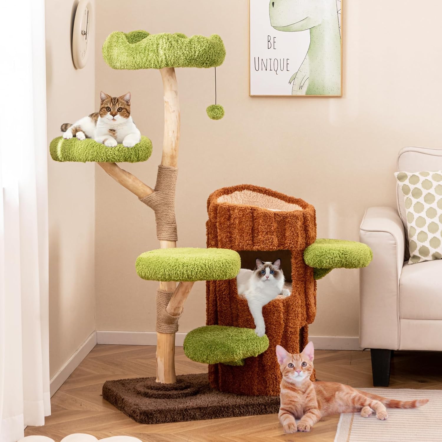 Albero Per Gatti Compatto 3 In 1 – MDF 8 Mm, Nicchia, Tiragraffi In Iuta, Scala E Cuscini Lavabili, 40x74x78 Cm