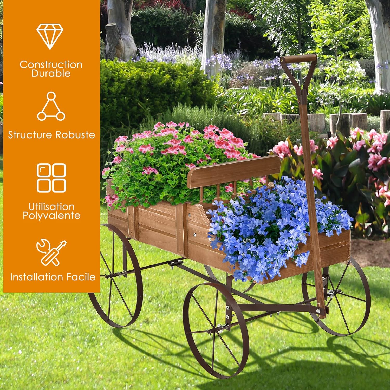 Brouette Décorative en Bois- 35×62,5×60cm- 2 Compartiments à Plantere-Jardinière Forme Brouette Chariot-Jusqu’à 15kg-Marron - 5