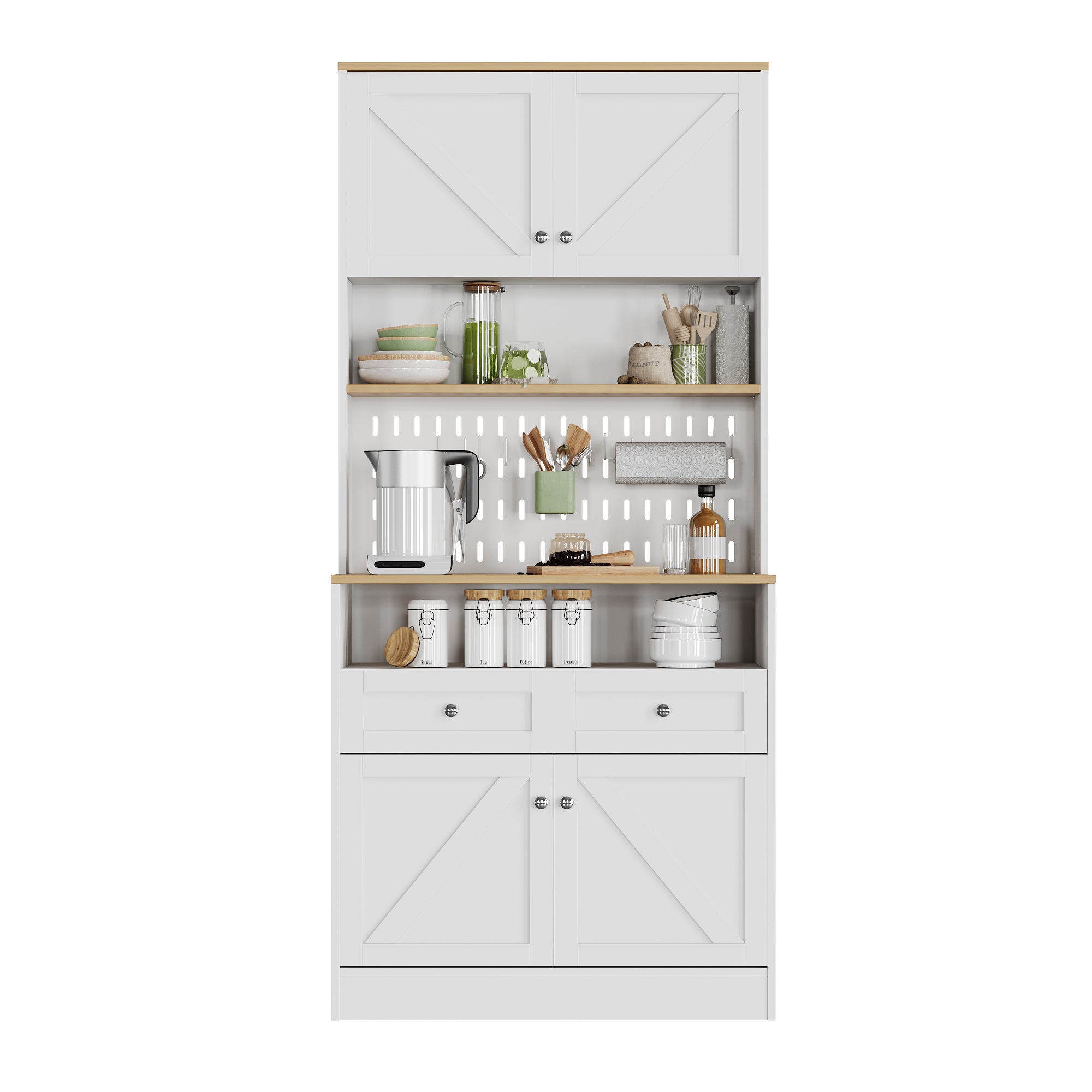 Nowoczesna komoda 80x40x175 cm - Z 2 szufladami i 4 drzwiami - Z perforowanym panelem - Płyta MDF + płyta wiórowa - Biały i naturalny - 2