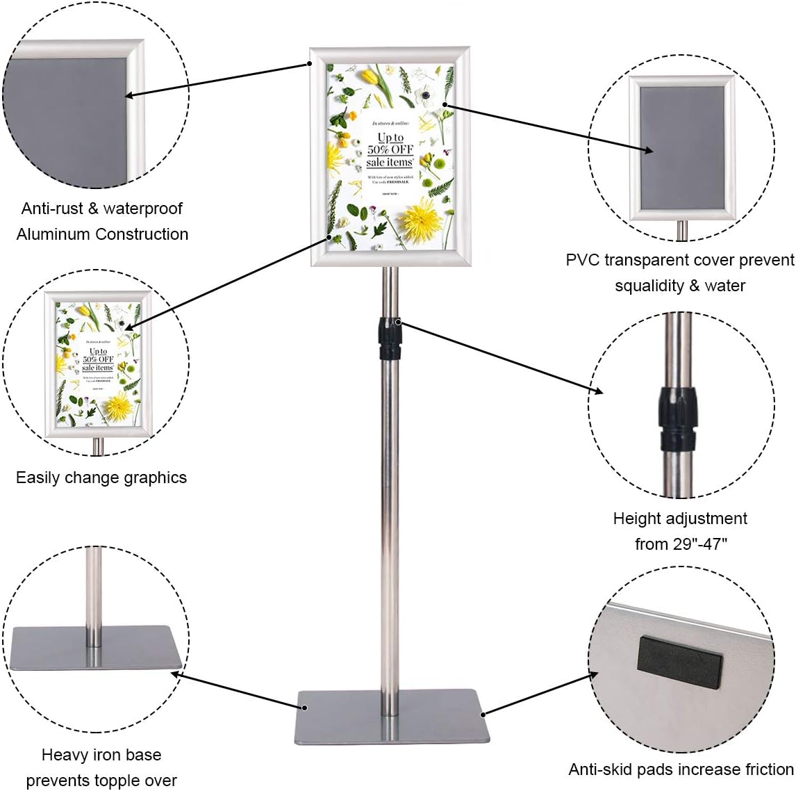 A4 Poster Stand, Espositore da Pavimento, Supporto Poster/Menù per Pubblicità da Terra, Girevole a 360 Gradi, Regolabile in Altezza (Argento A - 4