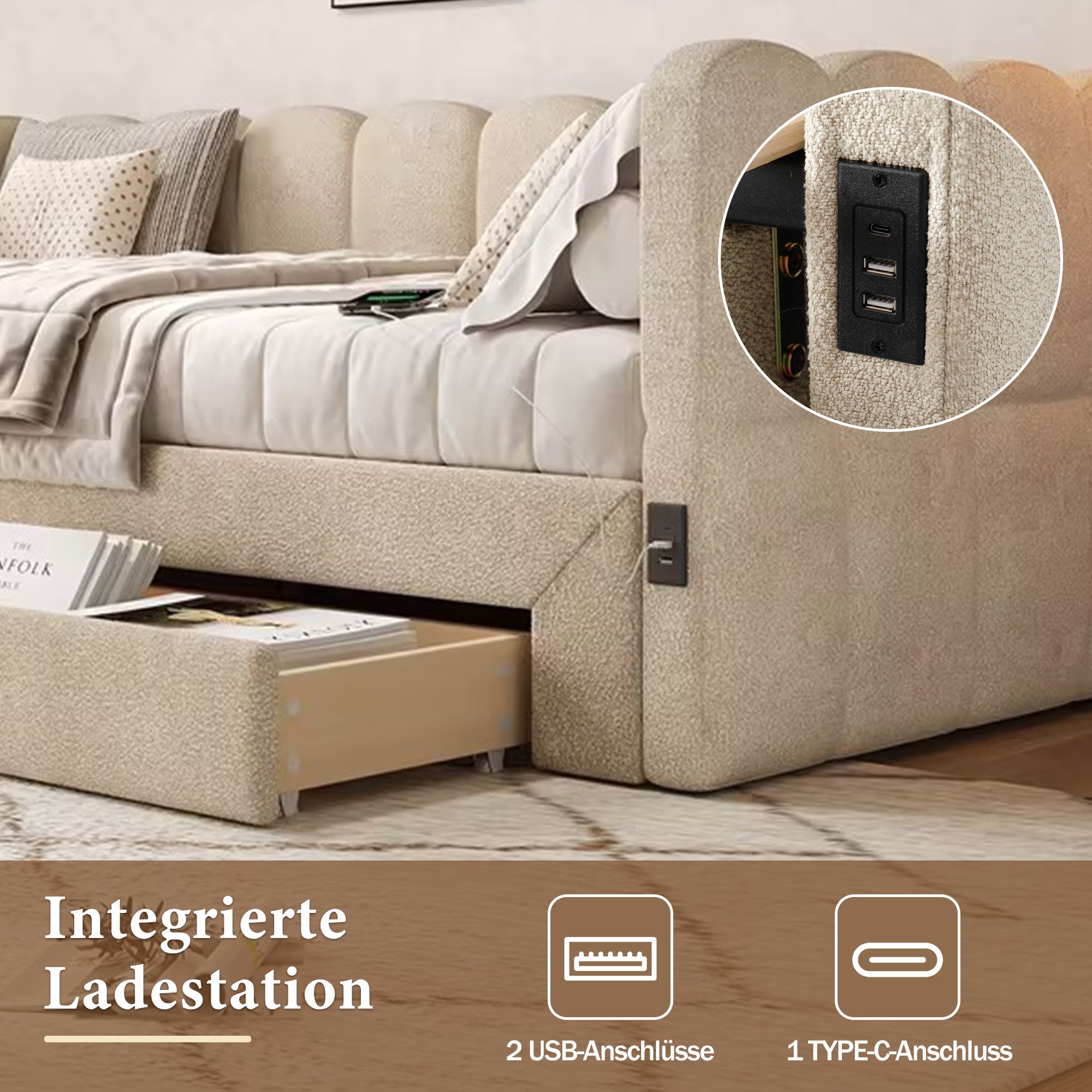 Łóżko wysuwane 90/180 x 190 cm z 2 szufladami, sofa rozkładana - tkanina szenilowa - port USB - beżowy (materac nie jest wliczony w cenę) - 6
