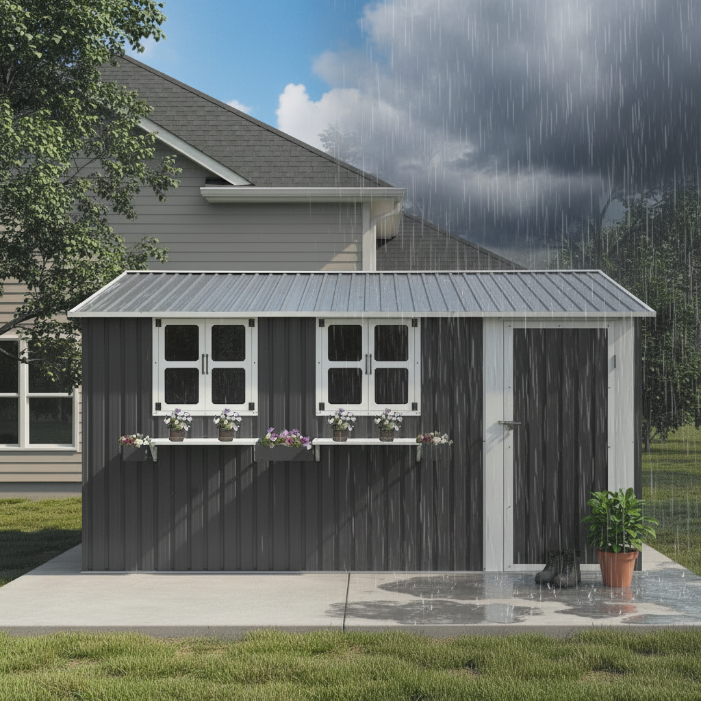 Cobertizo de jardín metálico (359,4x284,2 cm),Caseta jardín para exteriores 10,21 m²,con 3 ventanas,puerta con cerradura y spuesto flores,Gris - 8