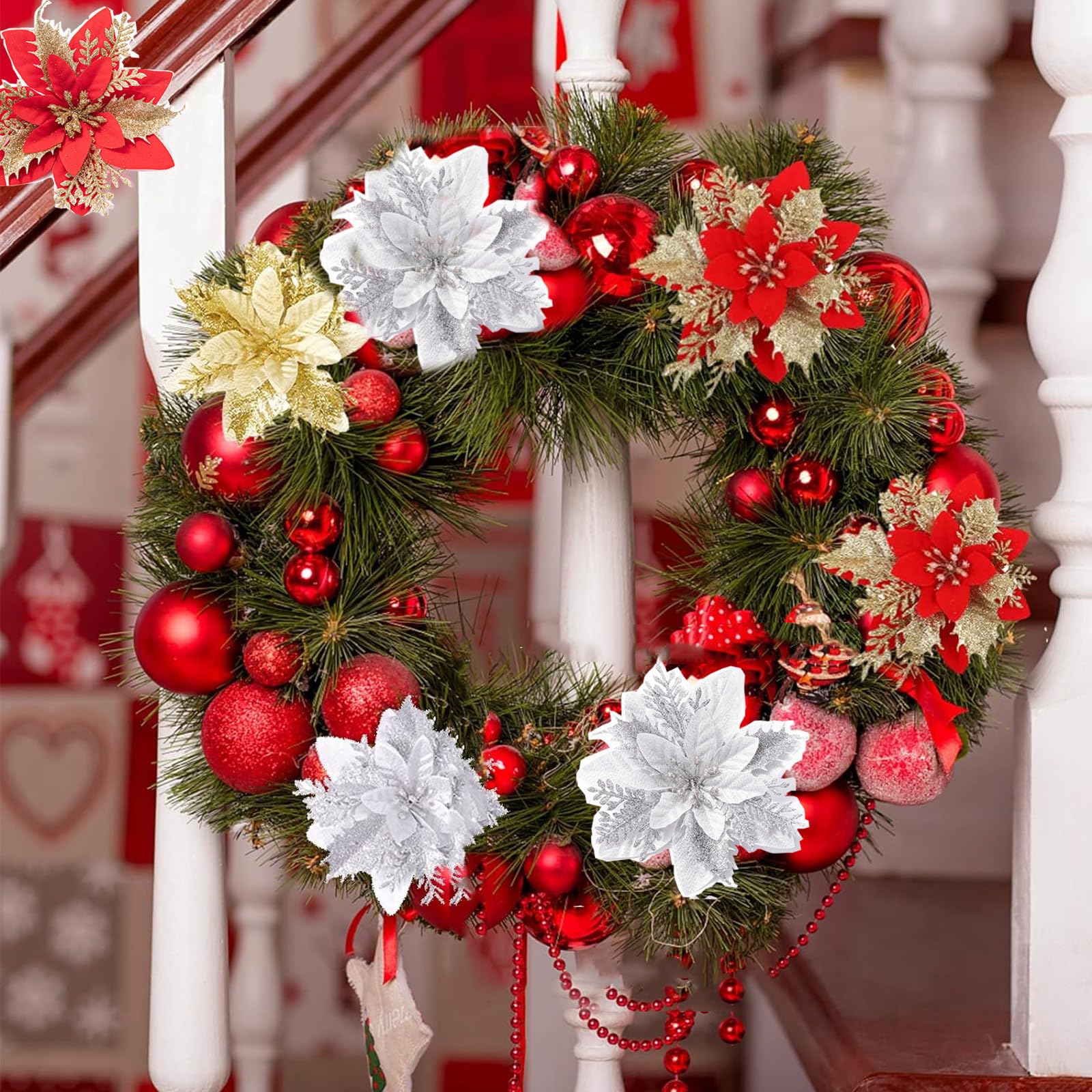 20 pièces décorations de noël, fleurs de noël artificielles avec clips, guirlande d'arbre de noël scintillante pendentifs de fleurs artificielles - 9