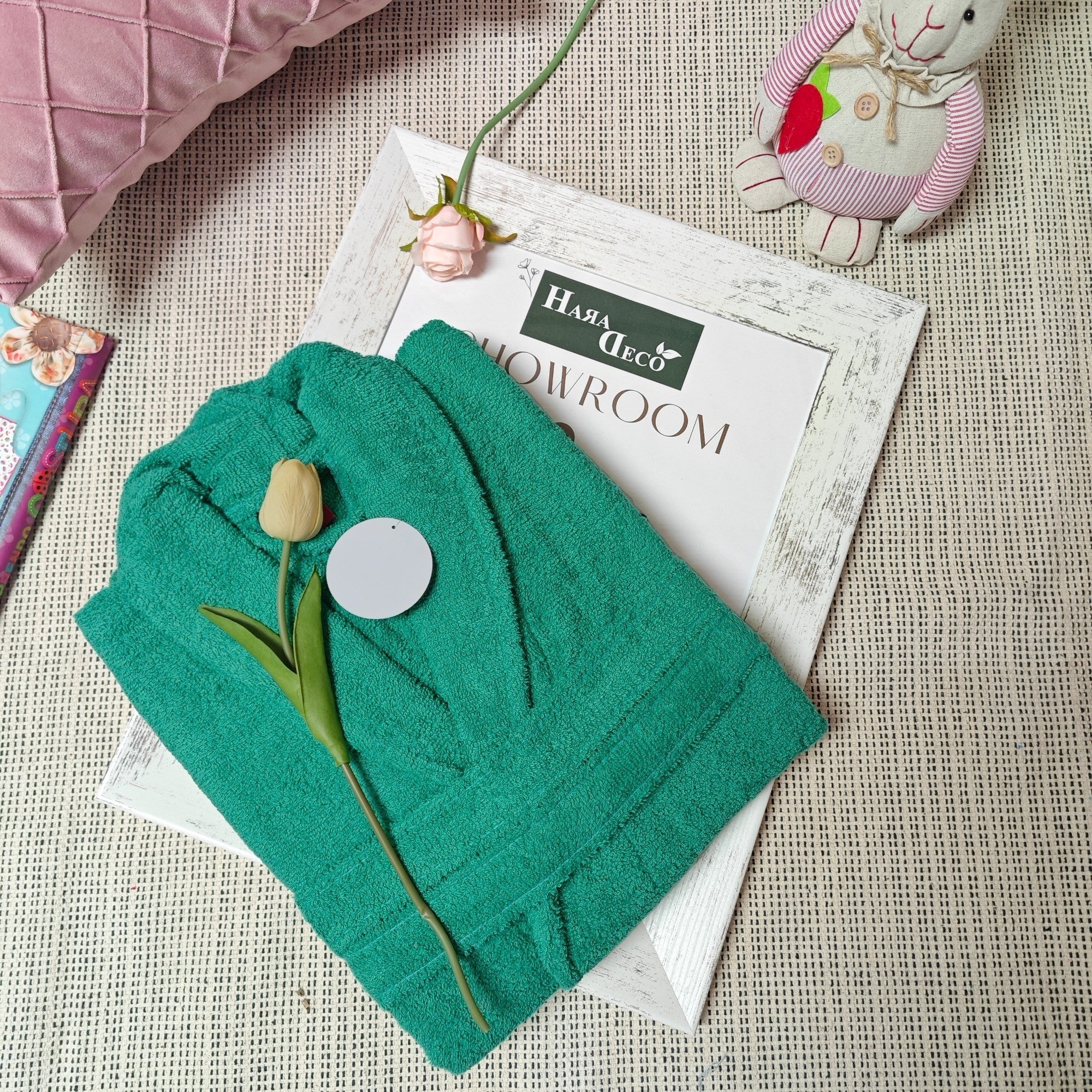 HaraDeco Peignoir de douche pour homme et femme, coton 380 g/m², tissu éponge doux au toucher pour la maison et l'hôtellerie (vert mer, M) - 5