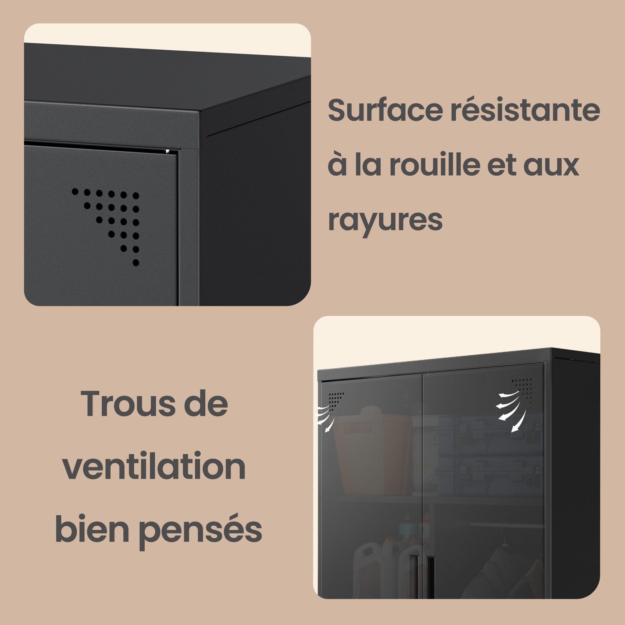 Armoire Métallique avec Tringle, 2 Portes, 5 Compartiments, Verrouillable, Pieds Hauts, Noir - 6