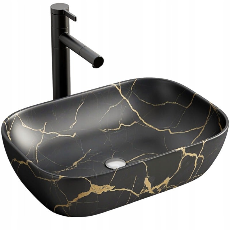 Umywalka nablatowa czarny mat marmur z żyłkami owalna ceramiczna 46,5x33 cm