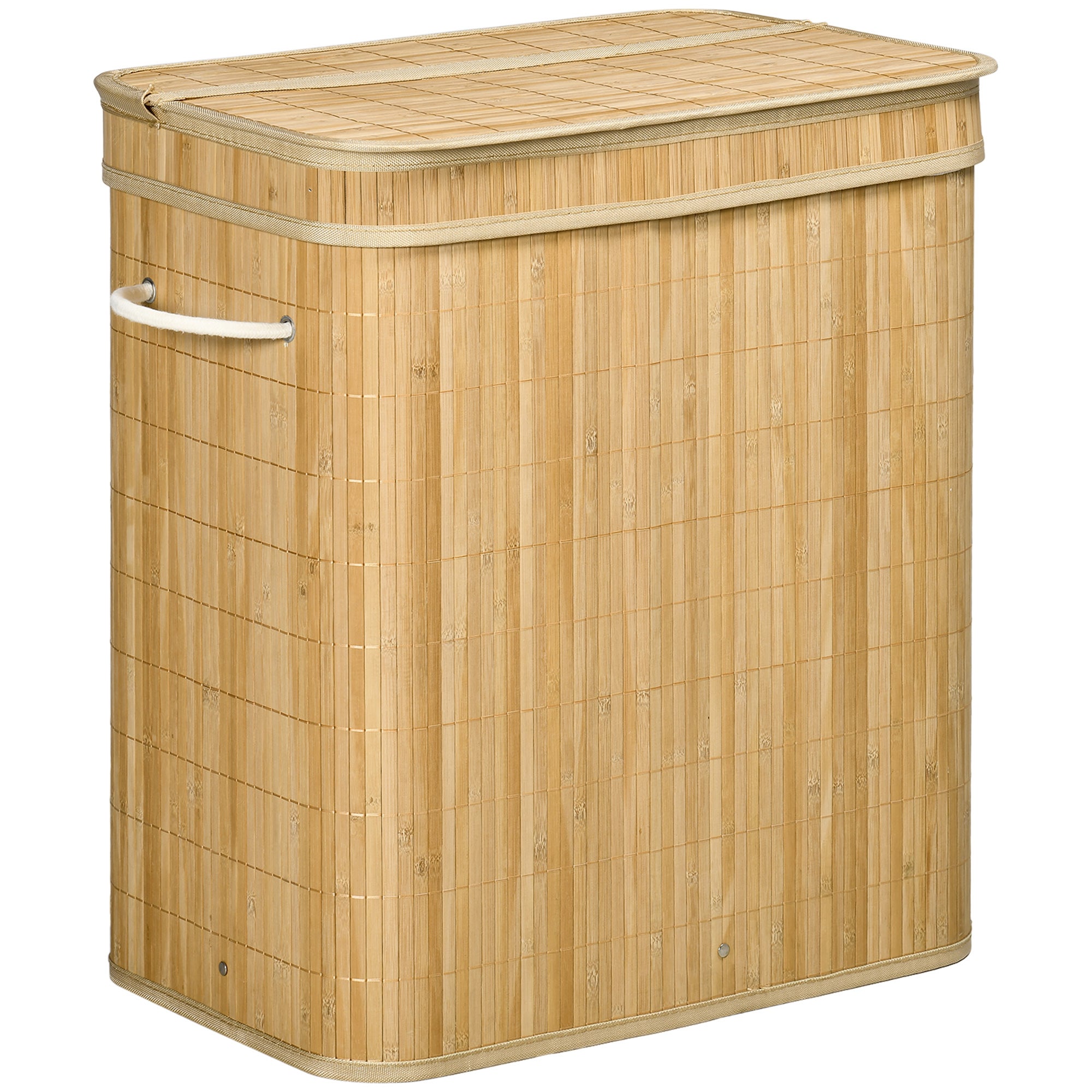 Kosz na pranie z bambusa z pokrywką i uchwytami, pojemność 90 litrów z 2 przegródkami i wyjmowanym workiem z tkaniny - 54,2 x 35,2 x 59,5 cm