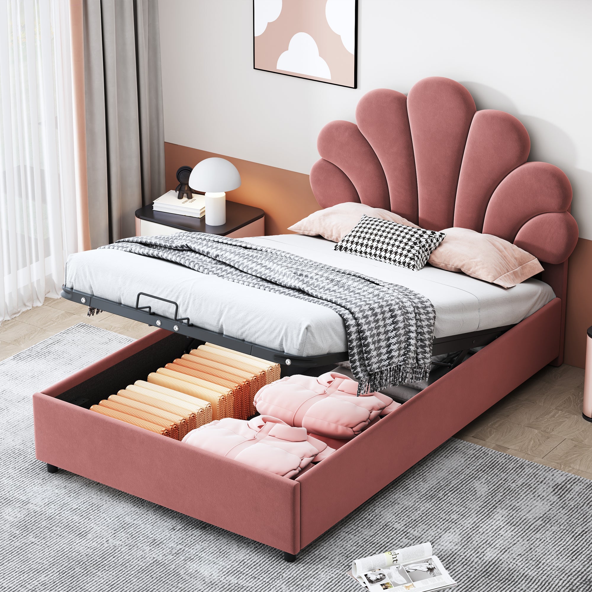 Sweiko Lit Plateforme Capitonné, 90 x 200 cm Lit Double Cadre de Lit avec Coffre avec Sommier à Lattes et Espace de Rangement (sans Matelas