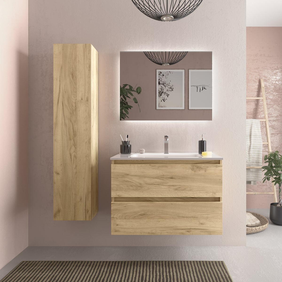 Meuble De Salle De Bain HAIDA 80 Cm - Effet Chêne Et Rotin - 2 Portes + 1 Tiroir - Design Naturel - 9