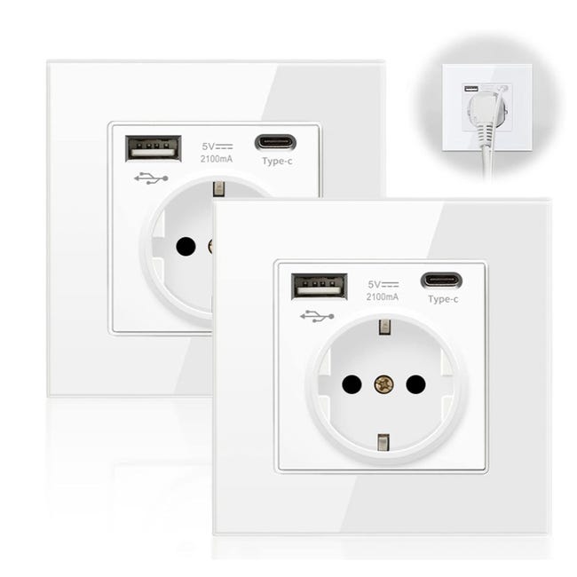 Pack de 2 enchufes de pared con puertos USB y Tipo C, toma de corriente ...