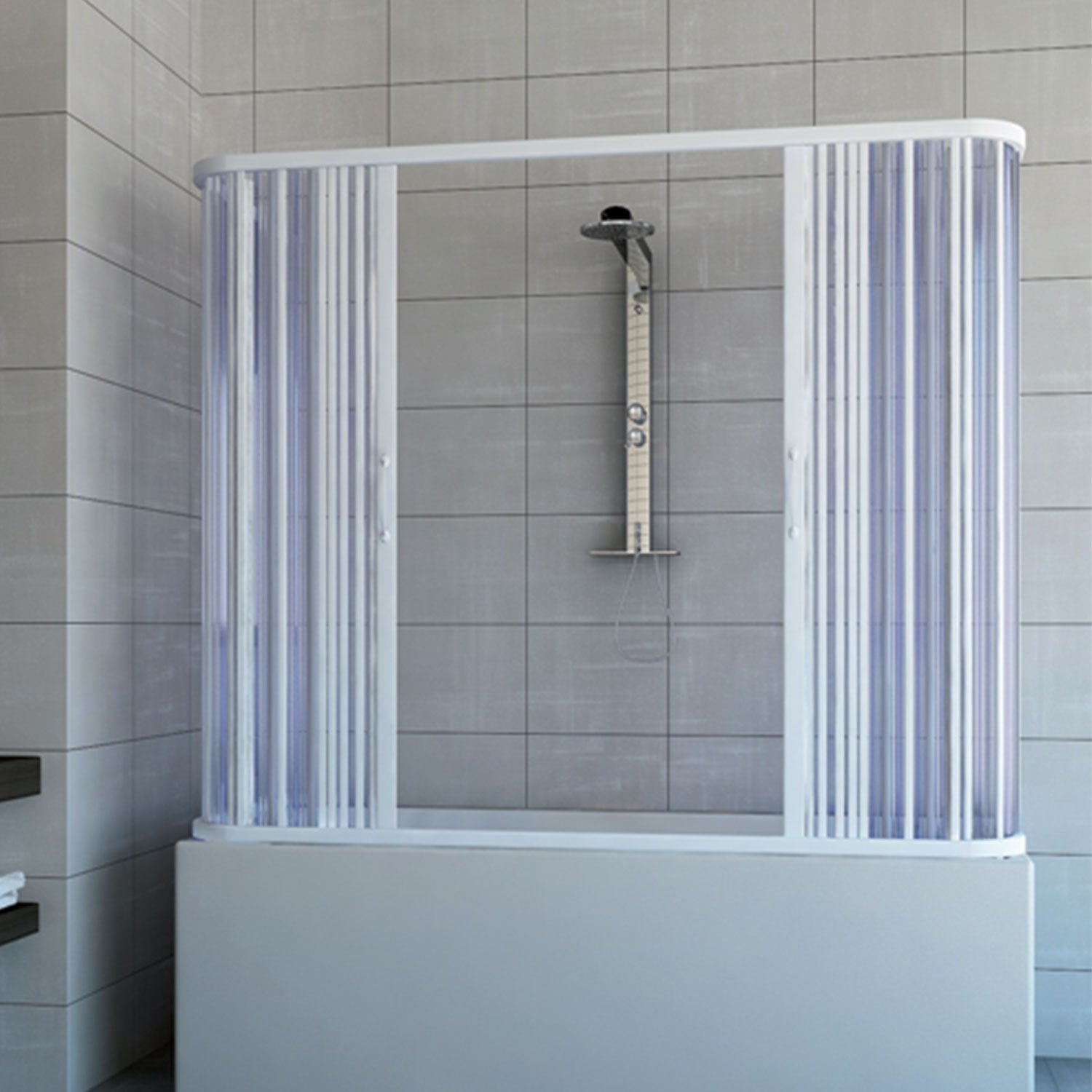 Box Doccia 3 Lati In PVC 70x70 Cm – Modello Ariete, Apertura Centrale Con Ante A Soffieto, Bianco Pastello