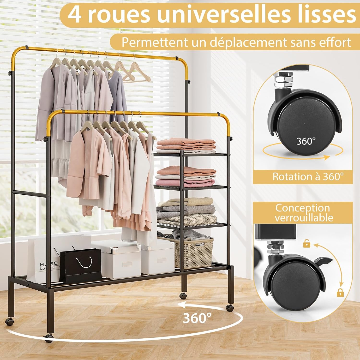 Portant à Vêtements à Double Mobile 135x54CM-2 Barres de Suspension Réglables/Etagère à 3 Niveaux et à Chaussures Noir+Or - 3