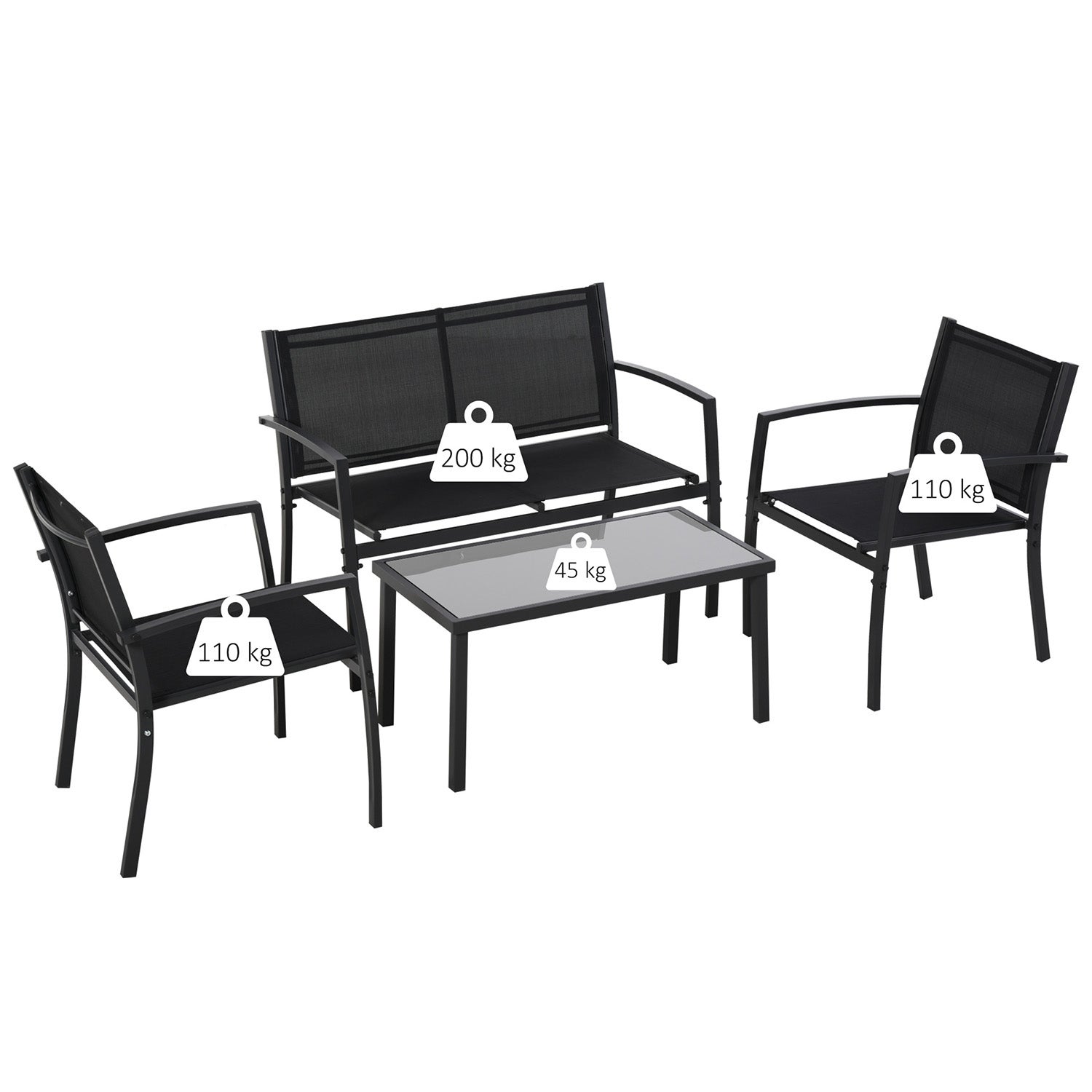 Adelaide - Salottino da giardino di design con divanetto + 2 poltrone + tavolino da caffè con ripiano in vetro - 4