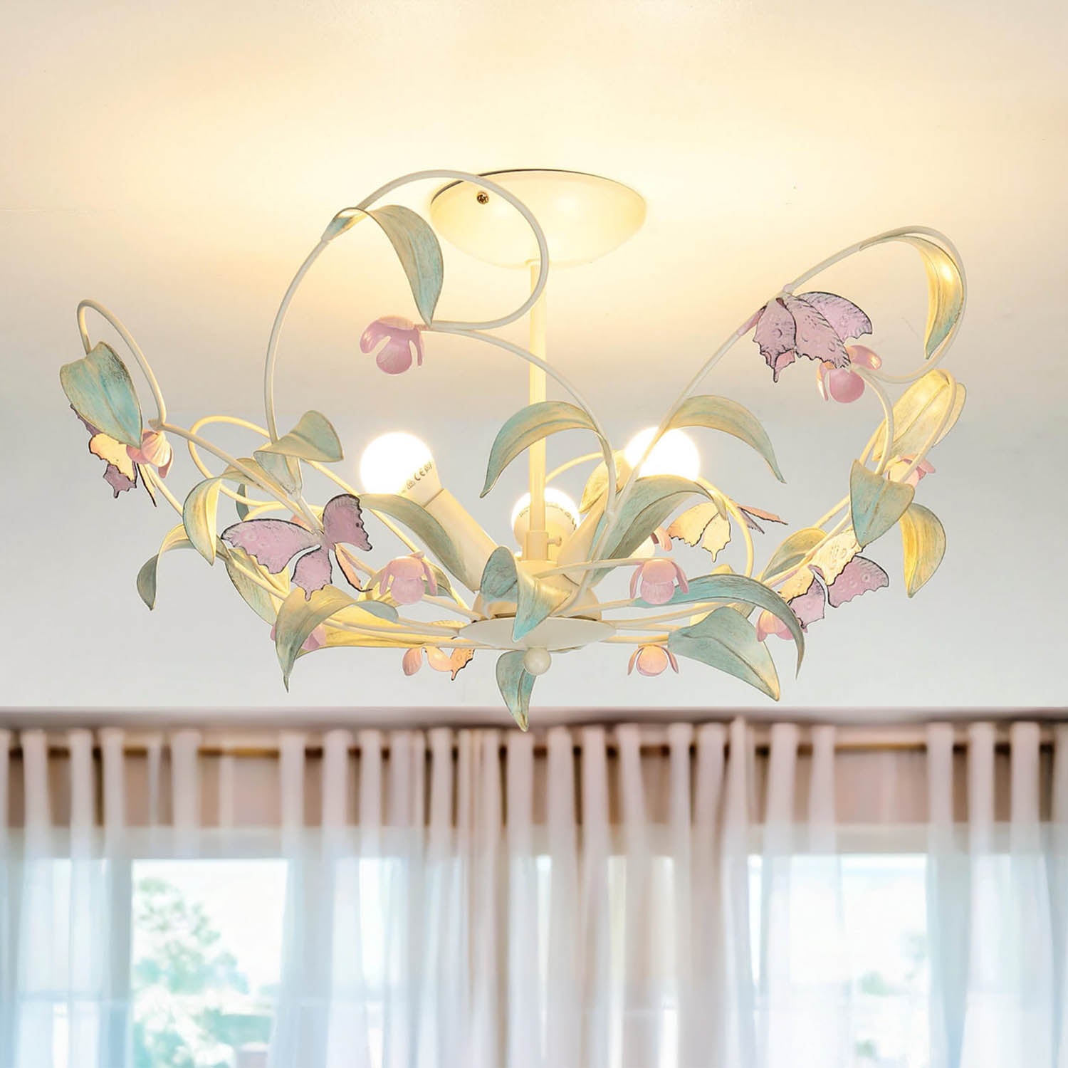 Lampa sufitowa Summer kremowo-zielono-różowa 3xE14x15W listki i motyle wym: 28 x 64 x 64 cm metal Luminex